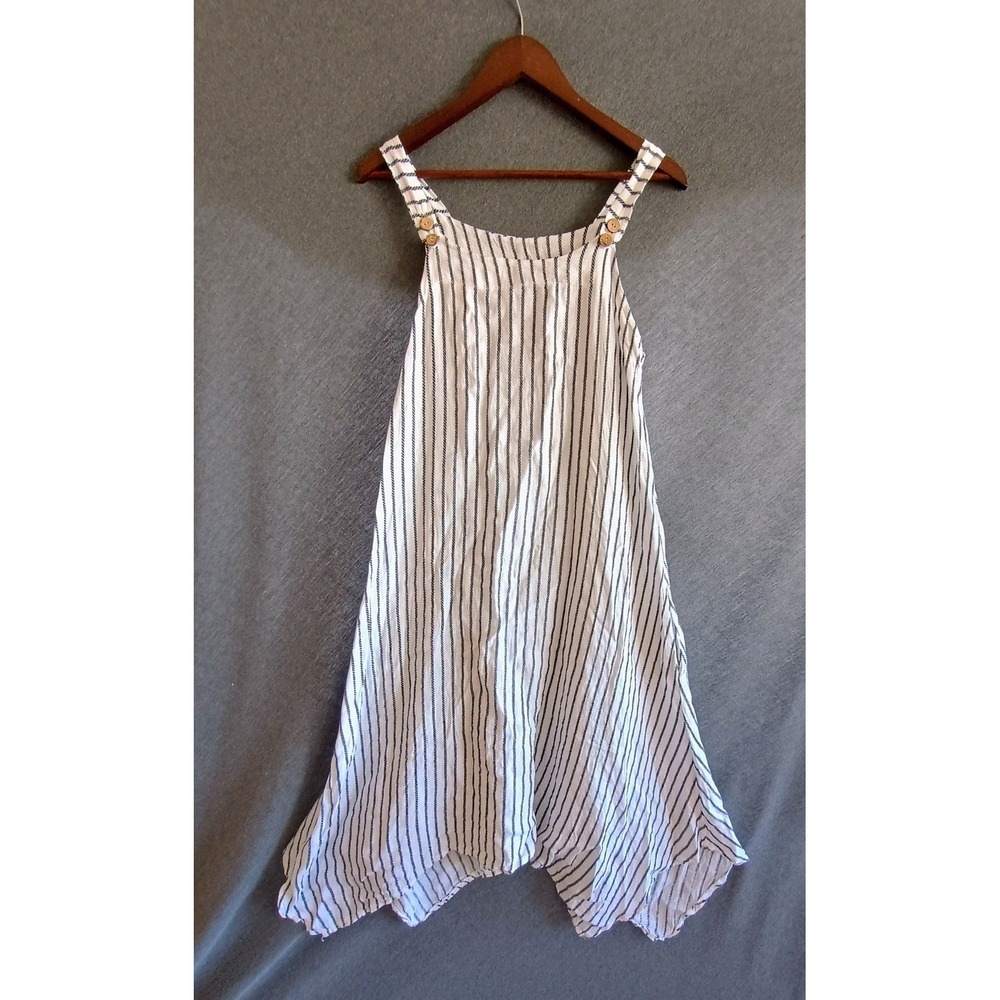 Made in Italy 100% Linen Striped Handkerchief Hem Midi Dress White Navy Blue M